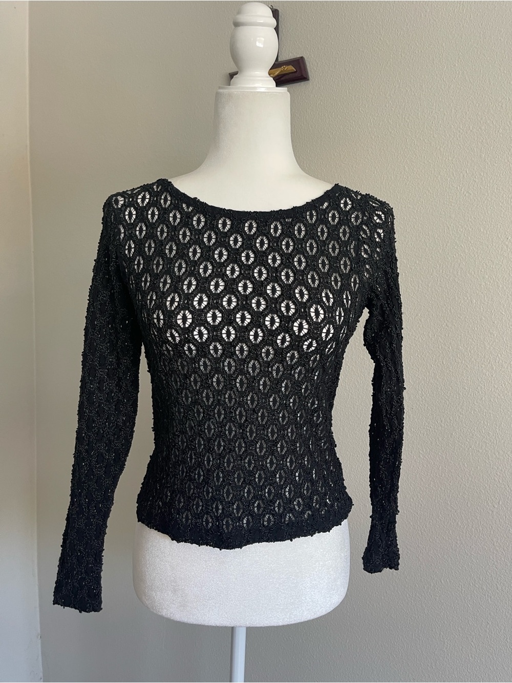 HUE Black Crochet Long Sleeve Top